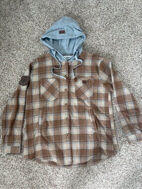 Plaid Hooded Shacket - Brown & Cream